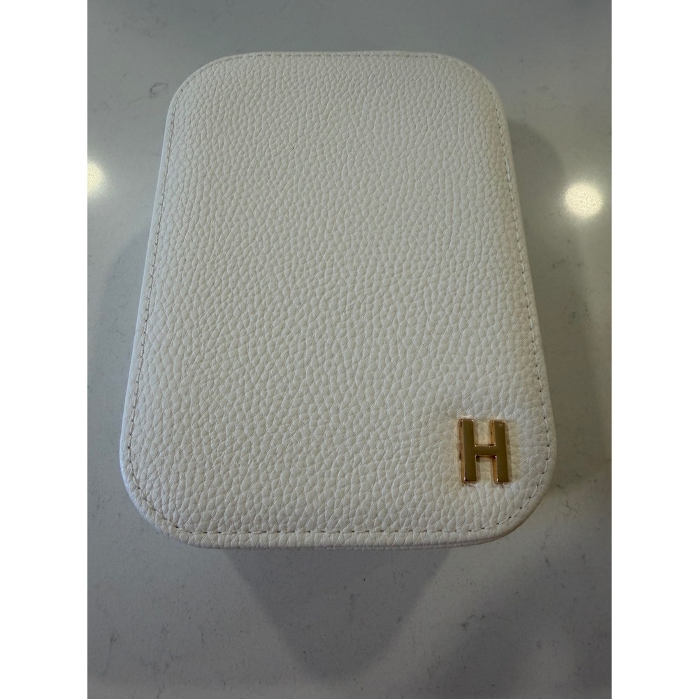 White Faux Leather Travel Jewelry Box with LED Light Mirror Gold H Initial